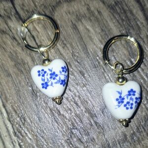 Gold and Blue Floral Heart Earrings
